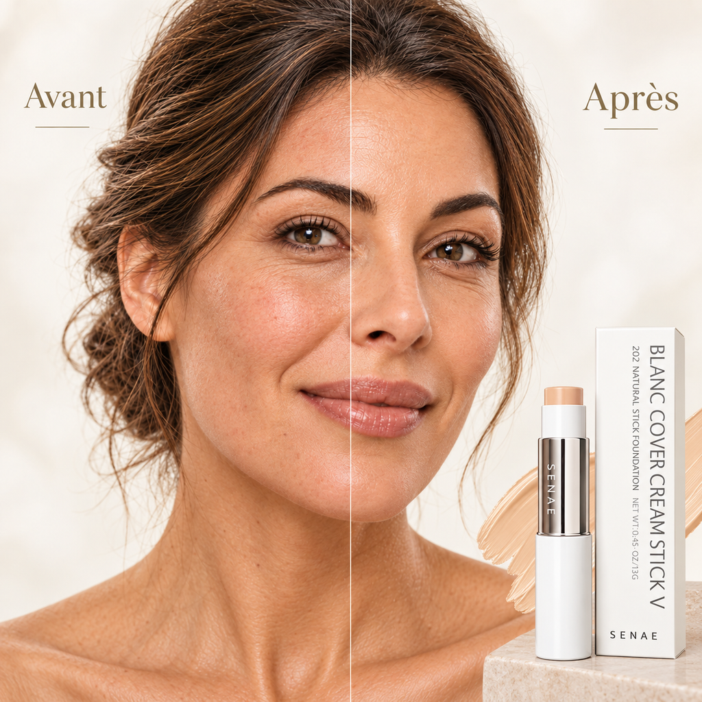 Senae — avant / après application du fond de teint stick