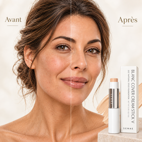Senae — avant / après application du fond de teint stick