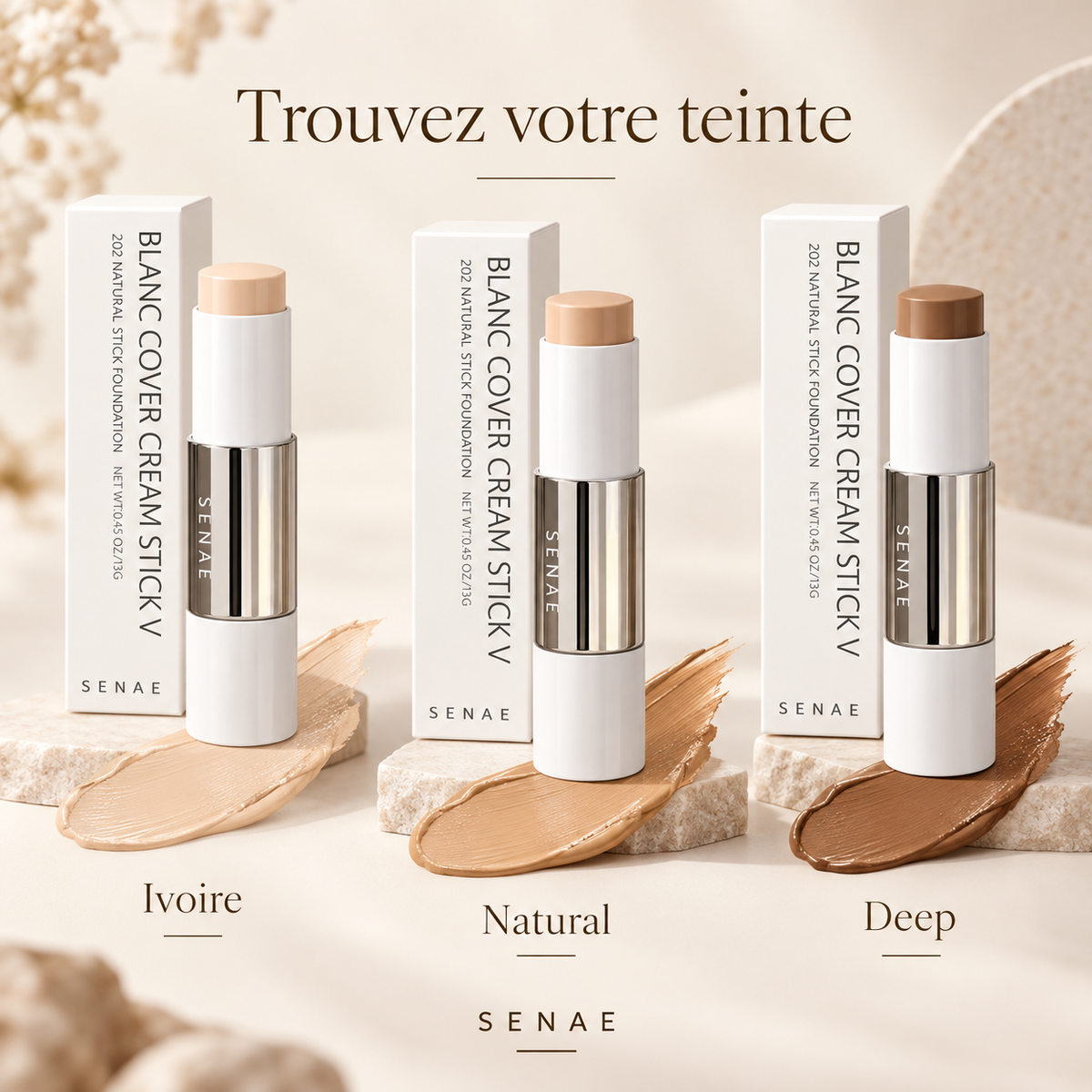 Senae — les 3 teintes Ivoire, Natural, Deep